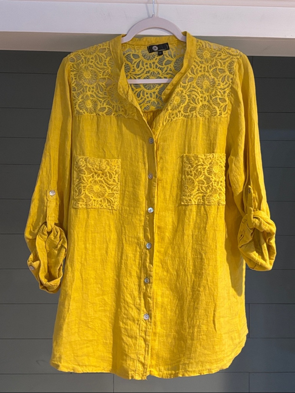 Sunshine Yellow Crochet Yoke Button-Down Shirt